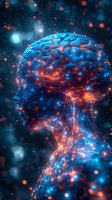 Digital brain with glowing neural networks and cosmic background representing artificial intelligence, machine learning and futuristic technology concepts.