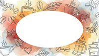 Coffee themed watercolor frame with hand drawn elements including beans, cups, leaves and hearts surrounding white oval space for text or design.