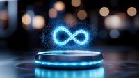 Glowing blue infinity symbol made of particles floating above illuminated platform against dark background with bokeh lights. Futuristic hologram concept.