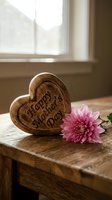 Wooden heart-shaped decoration with Happy Mother's Day text and pink dahlia flower on rustic table by window with natural sunlight for greeting cards.