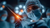 Focused surgeon in protective gear performing precise laser surgery in modern operating room with advanced medical technology and sterile environment.
