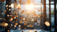 Glowing golden coffee beans floating in air with bokeh light effects and sunbeams creating magical atmosphere for coffee shop advertising and menu design.