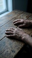 Elderly hands resting on weathered wooden table surface near window with natural light showing age and life experience in contemplative moment.