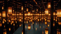 Glowing paper lanterns reflected in mirror floor create magical atmosphere with warm orange lights in dark space, artistic installation for events and festivals.
