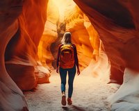 Young Caucasian woman with backpack walking through orange sandstone canyon formation, sunlight streaming through curved rock walls creating warm atmospheric glow.