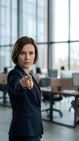 Confident businesswoman pointing finger at camera in modern office environment. Professional female executive in navy suit showing leadership and authority.