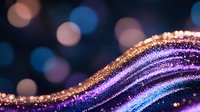 Shimmering wave of purple and gold glitter on dark background with bokeh lights creates magical abstract pattern for luxury design projects.
