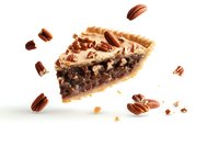 Slice of rich pecan pie with chocolate filling and scattered nuts on white background, floating composition with dynamic movement of ingredients.