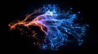 Glowing orange and blue neural network visualization with branching connections and light particles against dark background, representing artificial intelligence.
