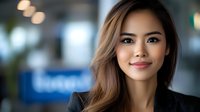 Young Asian businesswoman with confident smile wearing black blazer in modern office setting with blurred background. Professional corporate portrait.