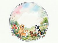 Watercolor circular frame with cute dogs golden retriever corgi dachshund beagle border collie in garden setting with flowers and plants on white background.