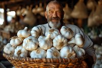Senior Caucasian farmer with gray beard smiling while holding wicker basket full of fresh organic garlic bulbs, warm lighting creates rustic market atmosphere.