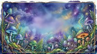Enchanted forest scene with glowing mushrooms, magical lights, and vibrant aurora sky, surrounded by ferns and plants, isolated on transparent background for design projects, merchandise, and creative compositions.