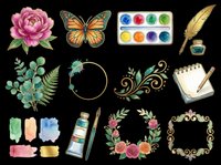 Watercolor art supplies and botanical elements collection isolated on transparent background, ready for clipart, t-shirt design, stickers, print-on-demand products, and sublimation projects.