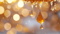 Glowing honey-colored water drops falling with golden bokeh background in soft focus, crystalline liquid droplets catching light in magical atmosphere.