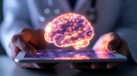 Glowing holographic brain projection floating above digital tablet in hands, futuristic medical visualization concept with purple and orange light effects.