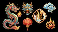 Colorful Asian dragon, tiger mask, lantern, and fire elements isolated on transparent background. Ready for t-shirt design, clipart, stickers, sublimation, and print-on-demand projects.