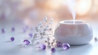 Modern white aroma diffuser releasing steam with purple amethyst crystals and delicate white baby's breath flowers creating zen spa atmosphere on light background.