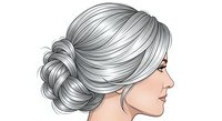 Mature woman with long gray hair styled in elegant low bun, side profile view. Suitable for beauty, aging gracefully, hairstyle tutorials, and salon design projects.