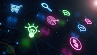 Glowing neon business icons floating in dark digital space with light effects for technology presentations and marketing materials.