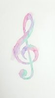 Watercolor treble clef symbol in soft pastel pink and green hues on textured paper background for music education and artistic projects.
