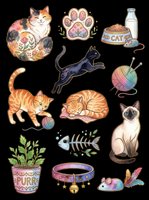 Cat lover collection featuring colorful feline illustrations, paw prints, toys, and accessories isolated on transparent background. Ready for t-shirts, stickers, clipart, sublimation, and print-on-demand designs.