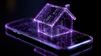 Glowing purple hologram house floating above smartphone screen with sparkly particle effects and digital grid lines creating futuristic real estate technology concept.