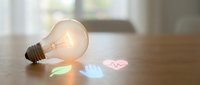 Glowing light bulb on wooden table with colorful heart shapes, symbolizing creative ideas, innovation and inspiration for business solutions.