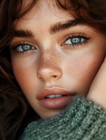 Close-up portrait of young woman with freckles, green eyes and natural makeup wearing knit sweater, soft natural lighting highlights facial features and skin texture.