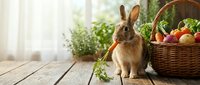 Adorable brown rabbit eating fresh carrot next to wicker basket filled with organic vegetables on rustic wooden table in bright kitchen setting.