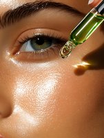 Close-up of green serum drop falling on glowing skin near eye area, highlighting hydrated complexion and natural beauty skincare routine application.