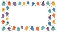 Cute ghost characters in various colors arranged in a border frame on white background, isolated and ready for Halloween designs, invitations, and children's projects.
