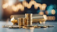 Stacked gold coins on financial chart with blurred trading graph background, representing investment growth and wealth management strategy.