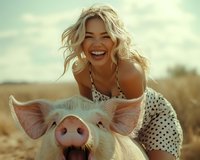 Young blonde woman in polka dot dress laughing with pink pig in golden wheat field during sunset, expressing joy and connection with farm animal in natural setting.
