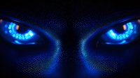 Glowing blue digital eyes formed by particle grid on dark background, representing artificial intelligence and futuristic technology concept.