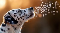 Dalmatian dog profile against sunset backlight with floating bokeh lights, spotted black and white fur glowing in golden hour sunlight, magical dreamy atmosphere.