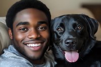 Young African American man in grey sweater smiling warmly while posing with friendly black Labrador retriever dog, capturing genuine bond between pet owner and companion animal.
