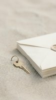 Vintage brass key lying on neutral beige surface next to stack of white envelopes and sealed letter, representing correspondence, security, access, and confidential communication for business and administrative concepts.