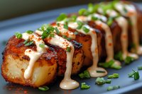 Pan-seared sea scallops with spicy seasoning, drizzled with creamy sauce and garnished with fresh chopped herbs on dark plate, macro food photography.