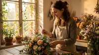 Young woman florist arranging colorful flower bouquet in bright workshop studio. Professional female entrepreneur working with fresh blooms in cozy interior space.