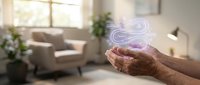 Elderly hands holding glowing digital hologram in modern living room interior. Technology concept for seniors, digital literacy, innovation.