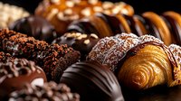 Assorted luxury chocolate confections and pastries with dark chocolate coating, powdered sugar, and sesame seeds in dramatic lighting, macro food photography.