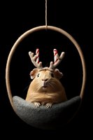 Adorable guinea pig wearing reindeer antlers with candy cane decorations sits in hanging round basket against black background, creating festive holiday mood.
