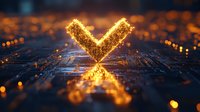 Glowing letter X floating over circuit board pattern with orange bokeh lights and reflection, futuristic technology concept for digital transformation.