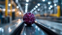 Glowing red crystal ball on reflective surface with blurred industrial background creates dramatic perspective with bokeh lights and depth of field effect.