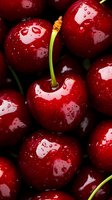 Fresh ripe red cherries with water drops on glossy surface, macro shot showing juicy texture and natural stems for food and harvest concepts.
