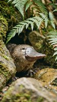 Platypus hiding among ferns and moss-covered rocks in natural rainforest habitat displaying distinctive bill and fur in wildlife photography.