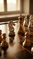 Golden chess pieces on wooden board with warm sunlight streaming through window creating strategic business and competition atmosphere.