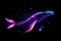 Magical glowing whale silhouette with cosmic galaxy pattern in pink and blue neon colors swimming in dark starry space background. Mystical underwater concept.