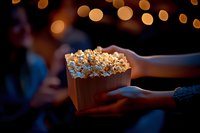 Fresh popcorn in paper box with blurred bokeh lights in background, hands passing snack at movie theater or cinema entertainment setting at night.